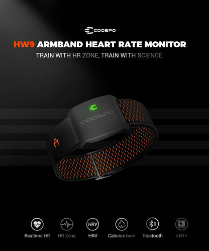 COOSPO HW9 Armband Heart Rate Monitor with HR Zones/Calories HRM Sensor for Fitness Cycling BLE5.0 ANT+ for Peloton,Zwift,Wahoo